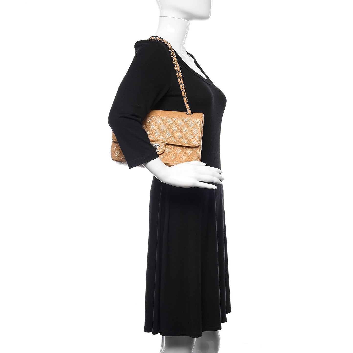 Caviar Quilted Medium Double Flap Beige