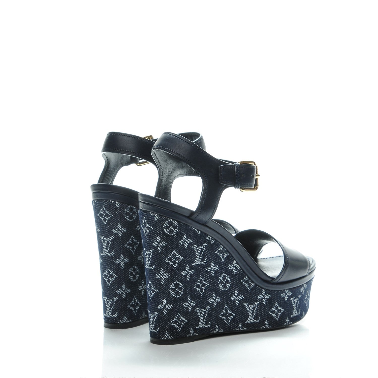Louis Vuitton Calfskin Monogram Denim Waterfall Wedge Sandals 38 Blue 4 of 8