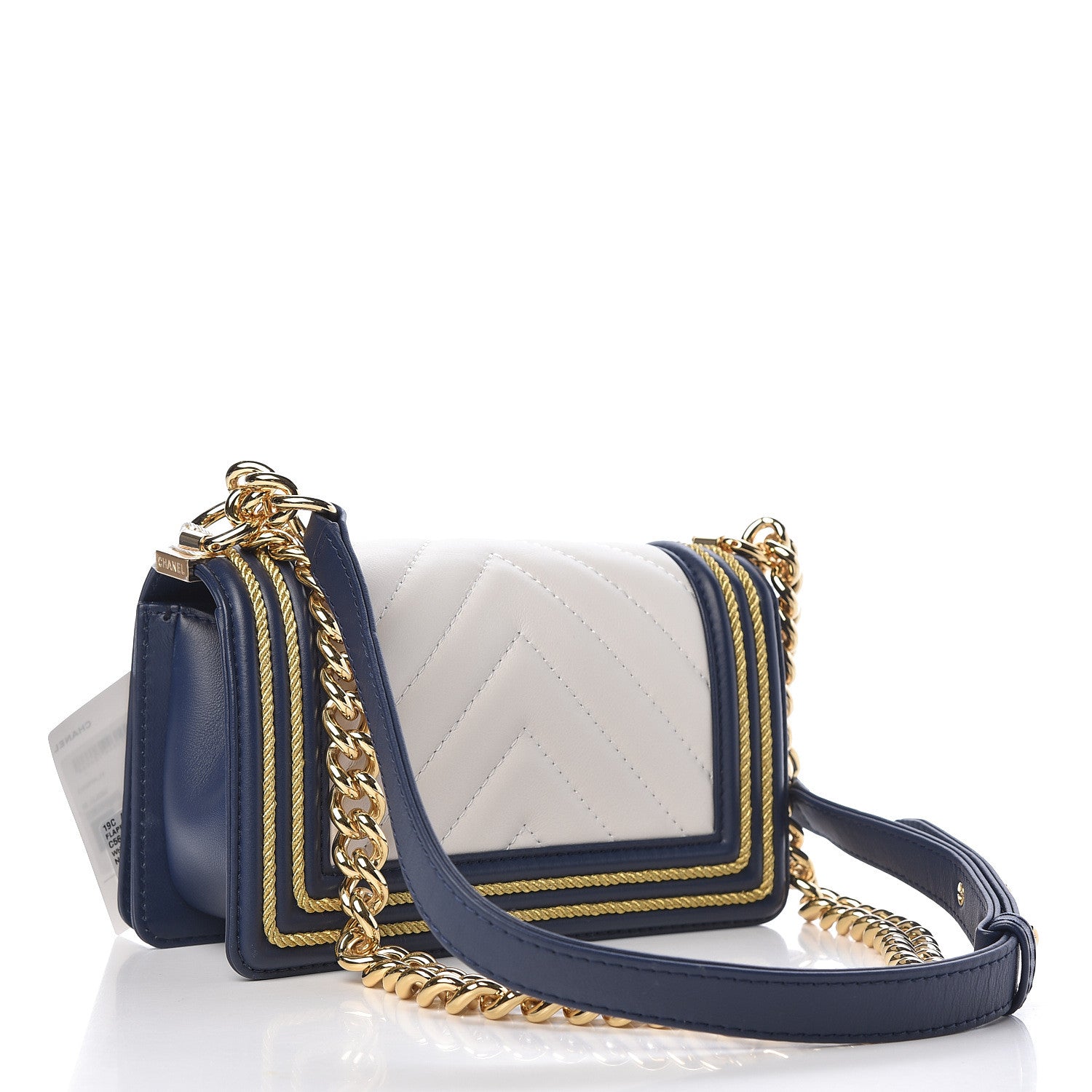 Chanel Calfskin Chevron Quilted Braided Small Boy Flap White Navy 3 of 12