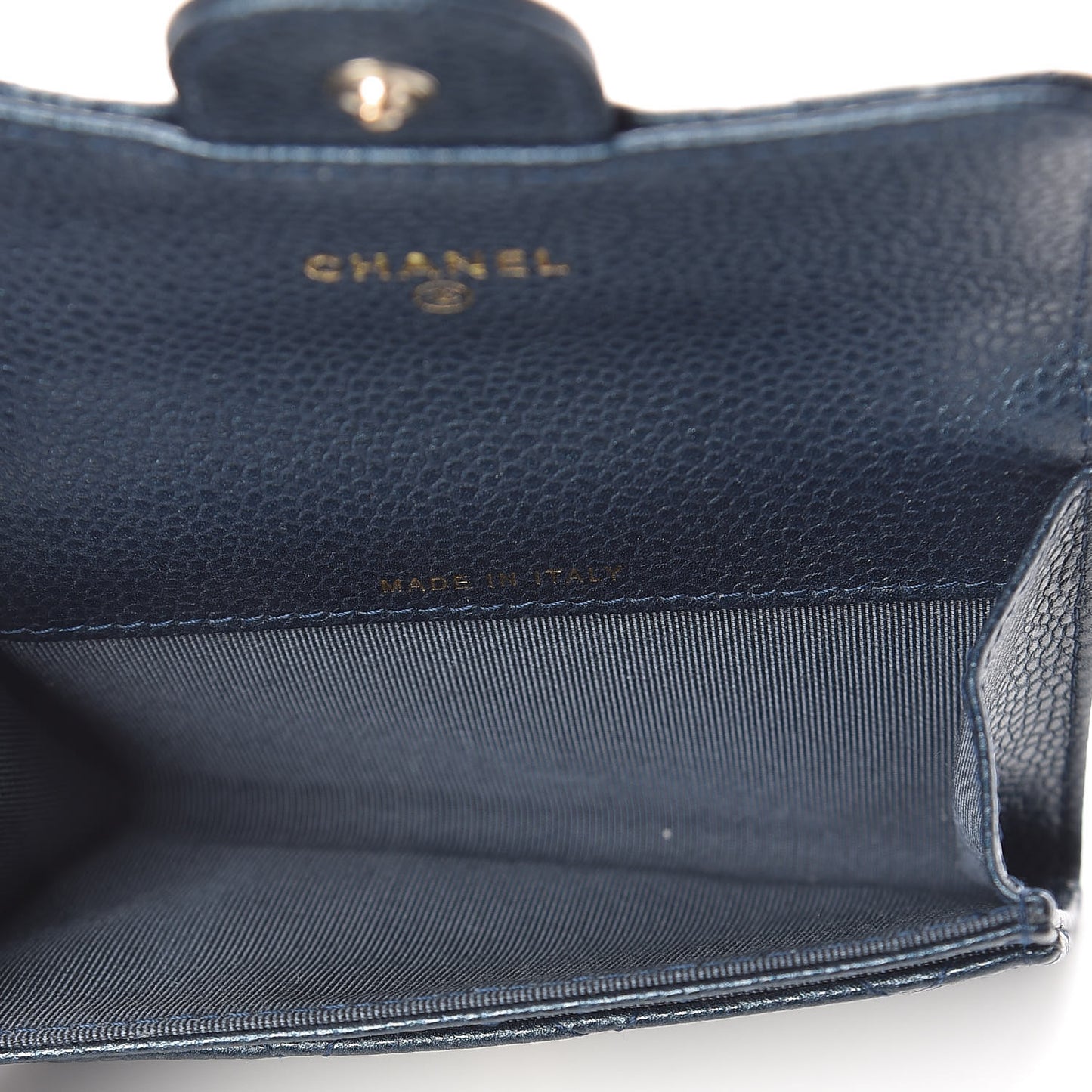 Iridescent Caviar Quilted Flap Card Holder Dark Blue