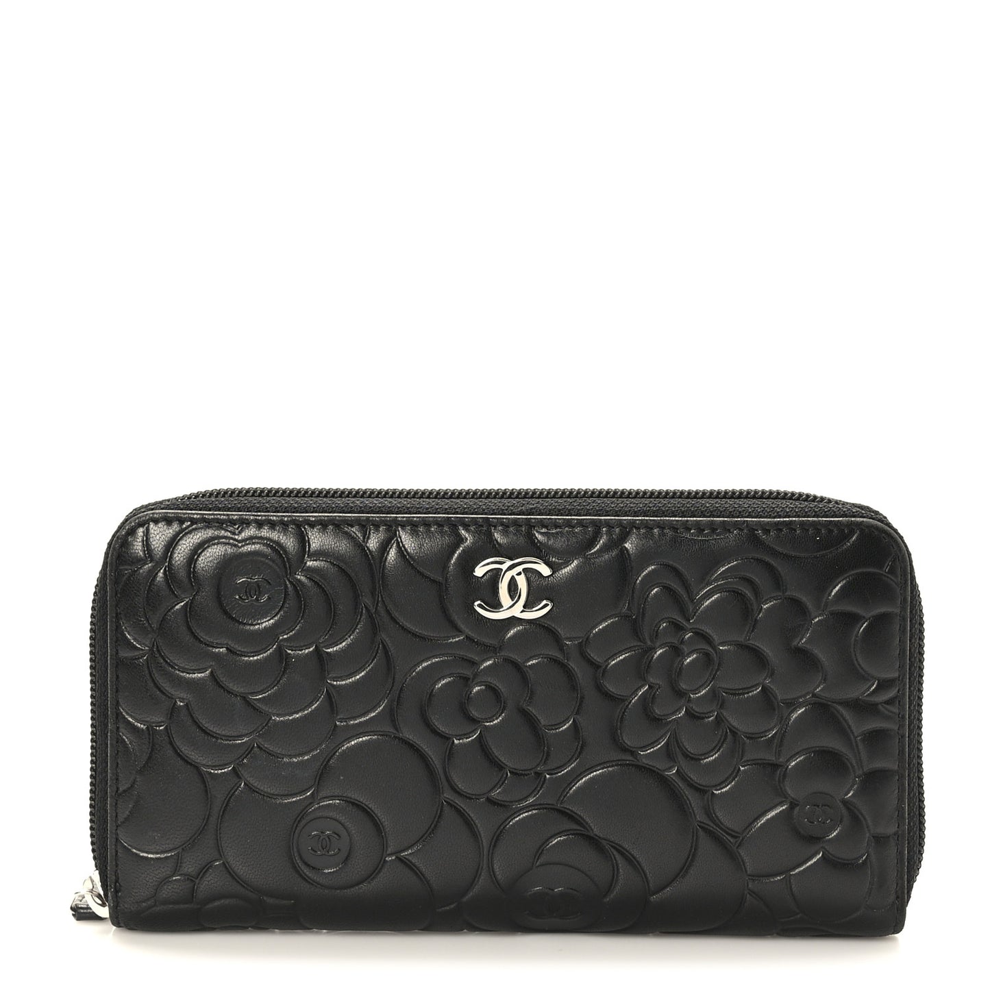 Lambskin Camellia Embossed Large Zip Around Gusset Wallet Black