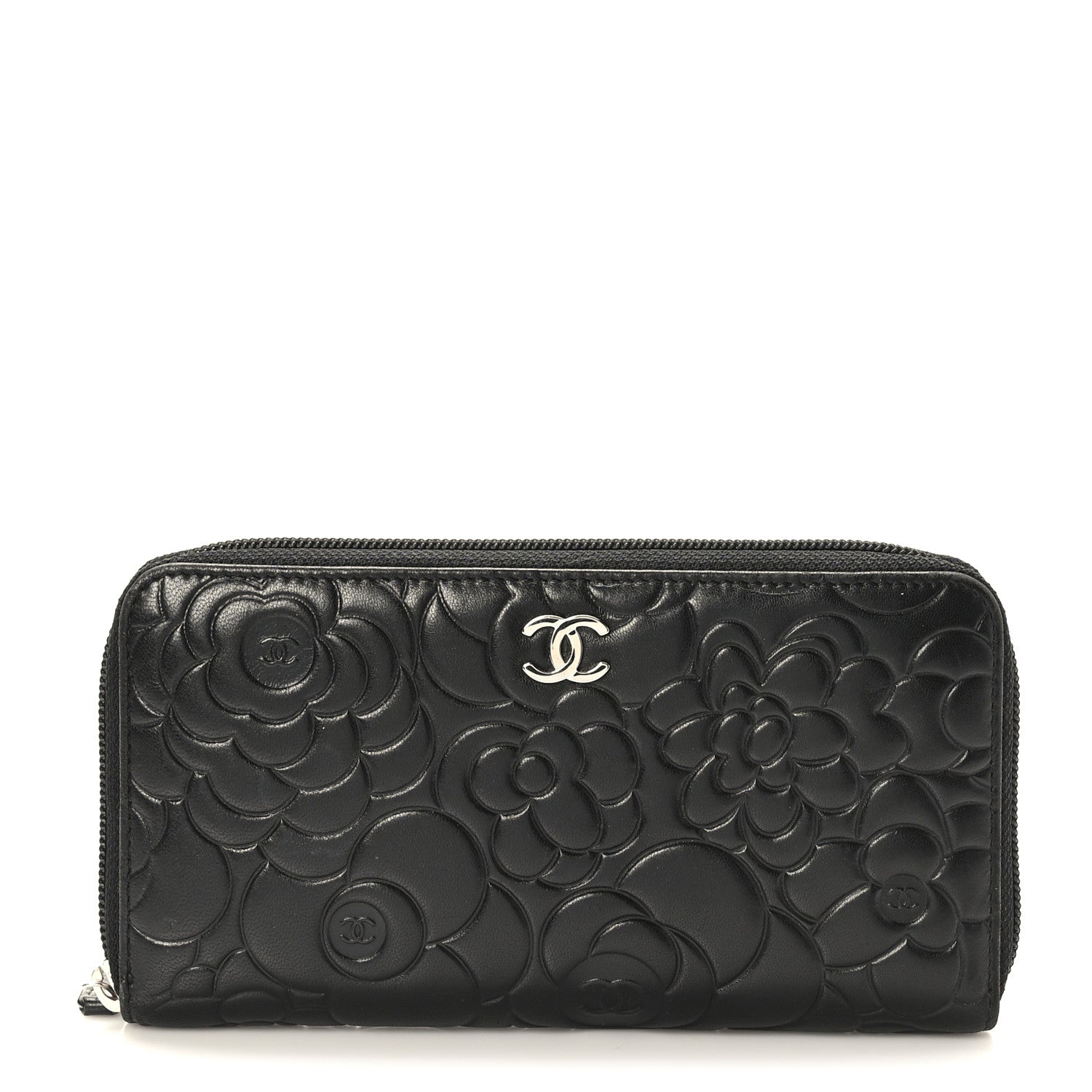 Chanel Lambskin Camellia Embossed Large Zip Around Gusset Wallet Black 1 of 9