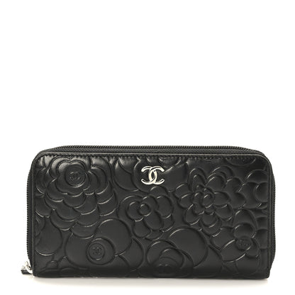 Chanel Lambskin Camellia Embossed Large Zip Around Gusset Wallet Black 1 of 9