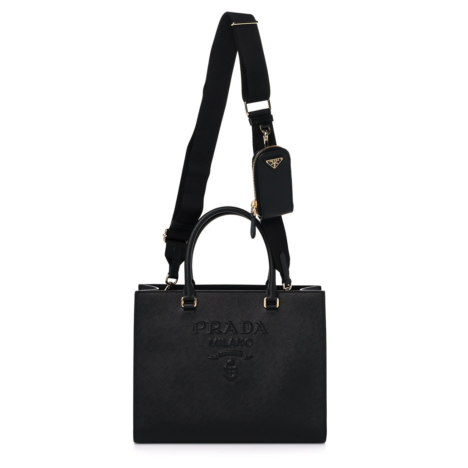 Prada Saffiano Lux Logo Embossed Medium Shoulder Tote Handbag Black 1 of 9