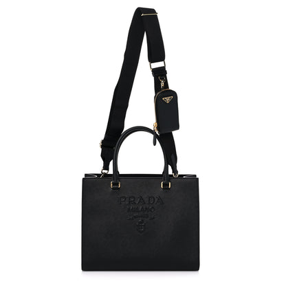Prada Saffiano Lux Logo Embossed Medium Shoulder Tote Handbag Black 1 of 9