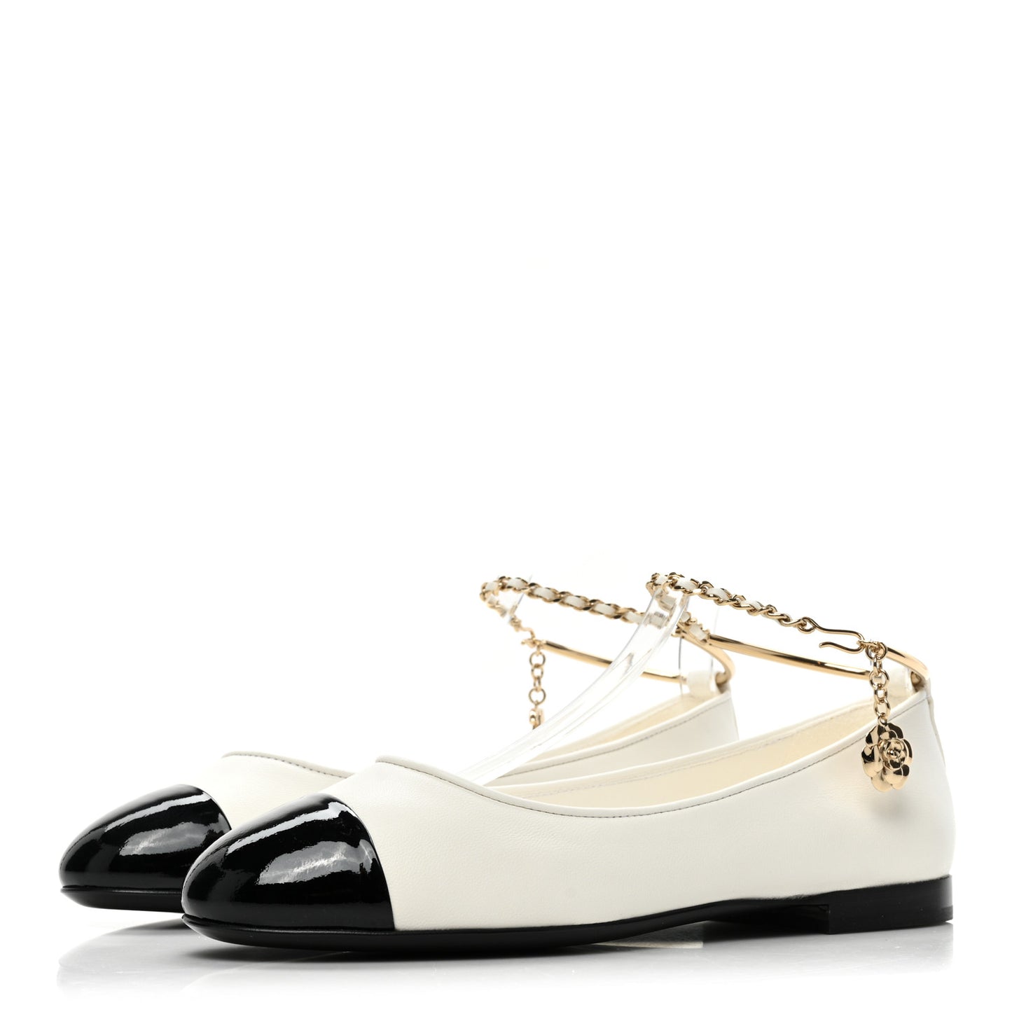 Lambskin Patent Calfskin Cap Toe Ankle Chain Ballerina Flats 36 White Black