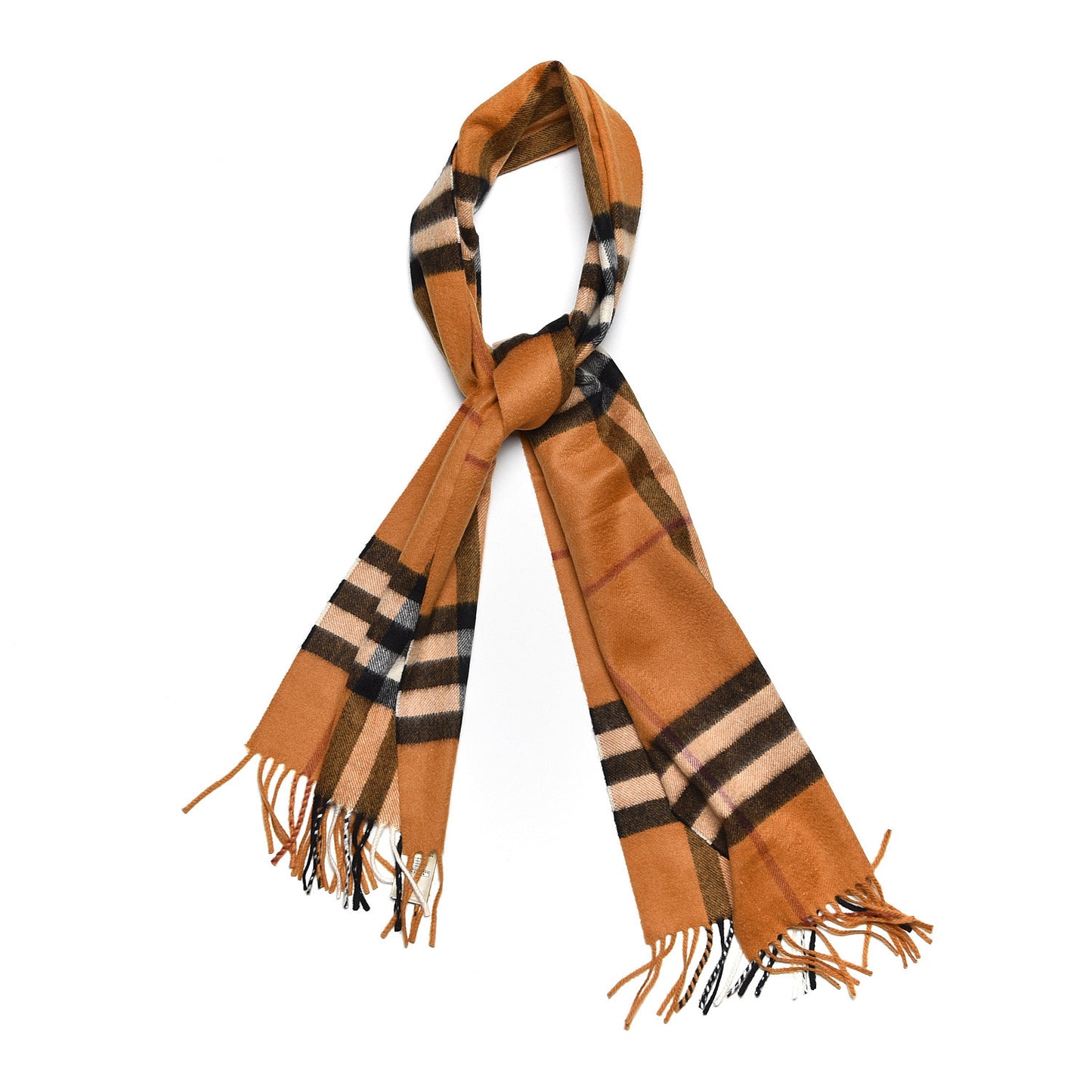 Cashmere Giant Check Fringe Scarf Camel