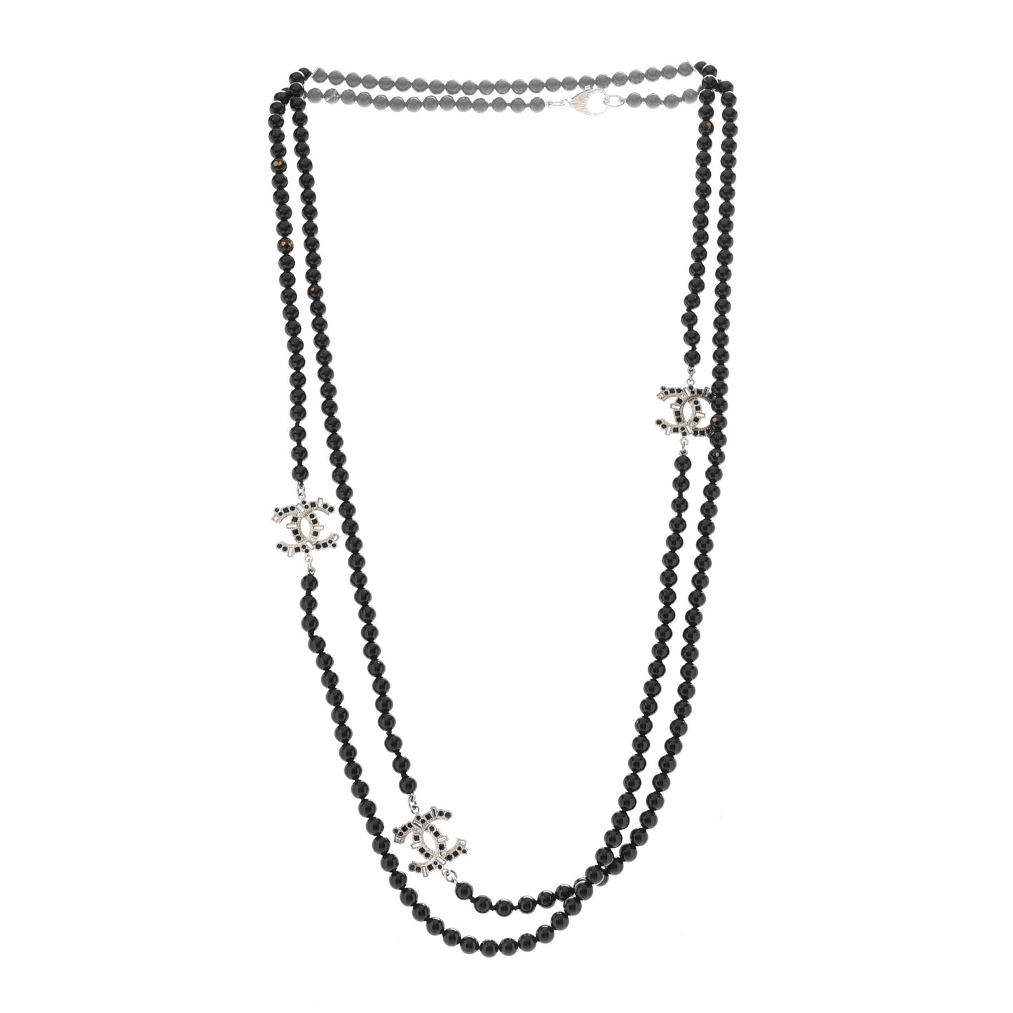 Metal Crystal Beaded CC Long Necklace Black Silver