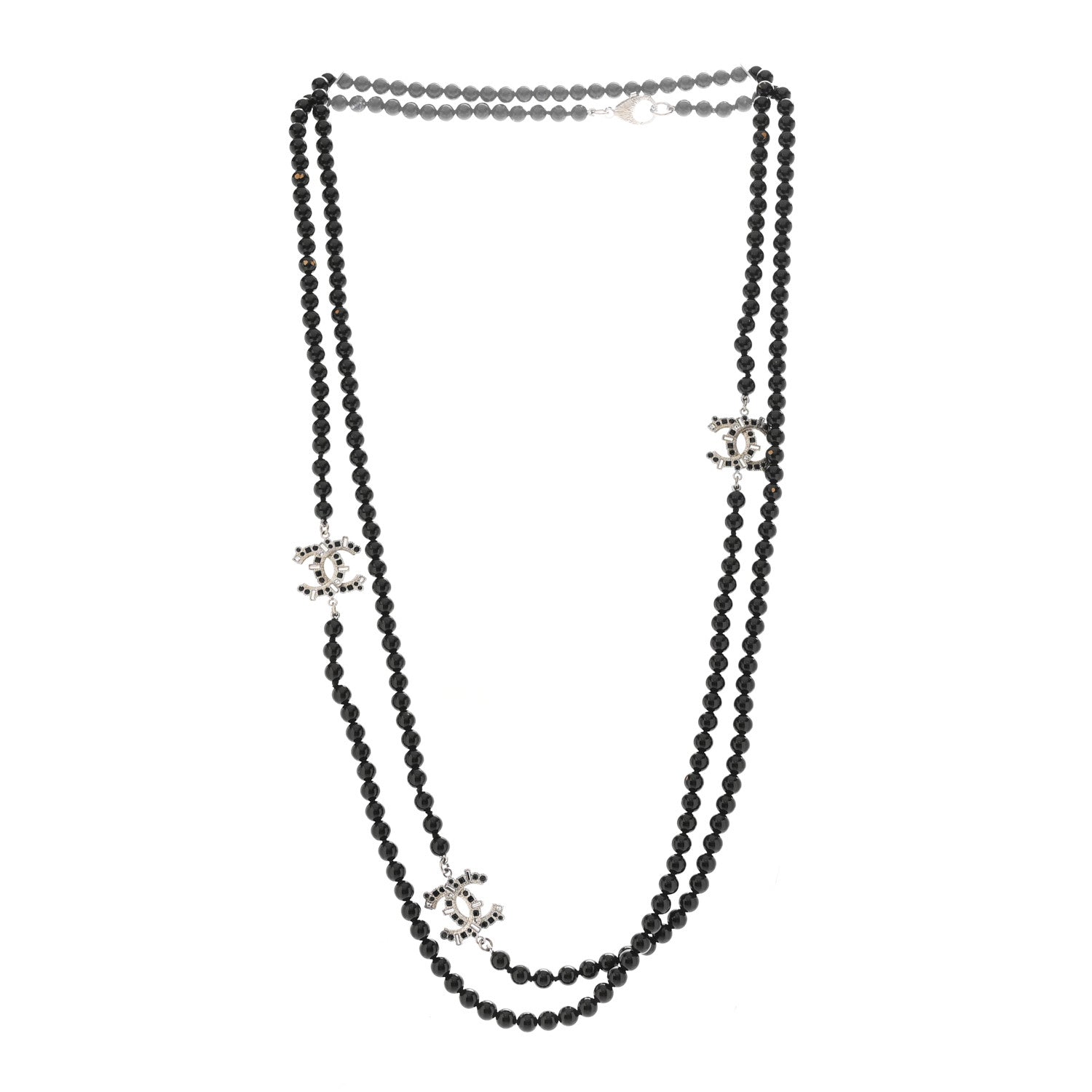 Chanel Metal Crystal Beaded CC Long Necklace Black Silver 3 of 7