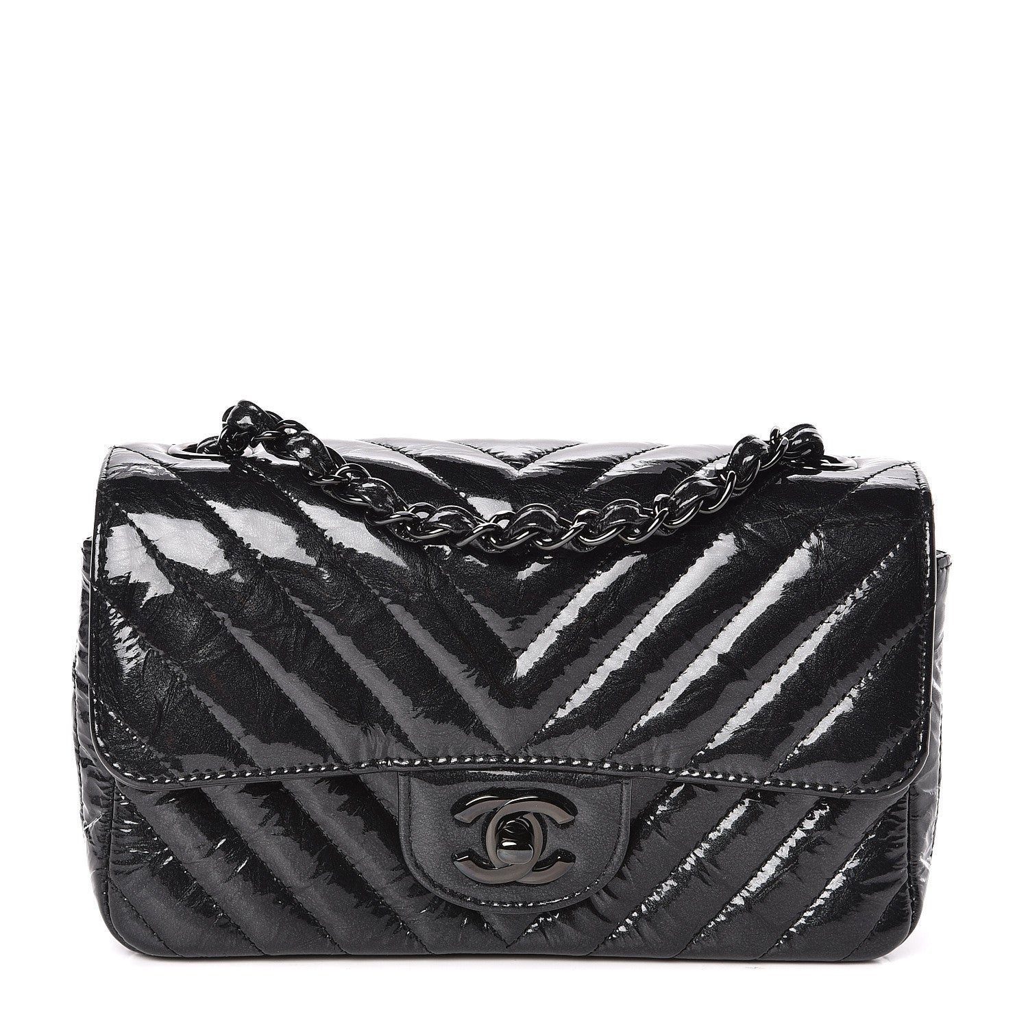Chanel Patent Metallic Crumpled Calfskin Chevron Quilted Mini Rectangular Flap So Black 1 of 10
