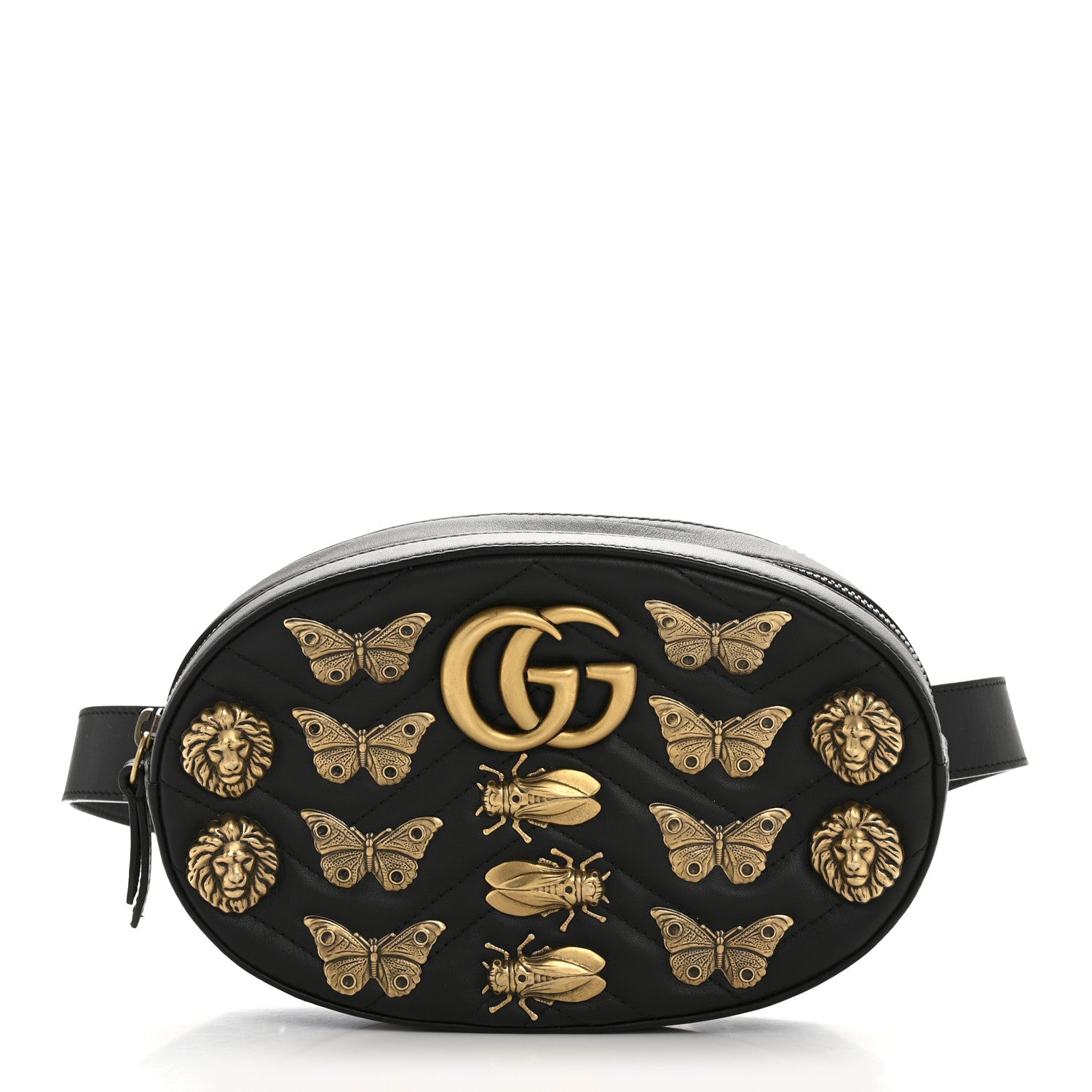 Gucci Calfskin Matelasse Animal Studs GG Marmont Belt Bag 85 34 Black 1 of 13