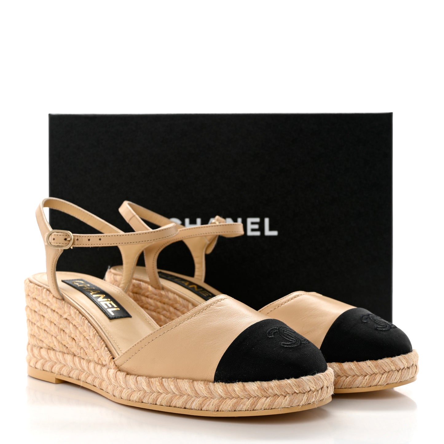 Lambskin Grosgrain CC Espadrilles Wedges 40 Beige Black