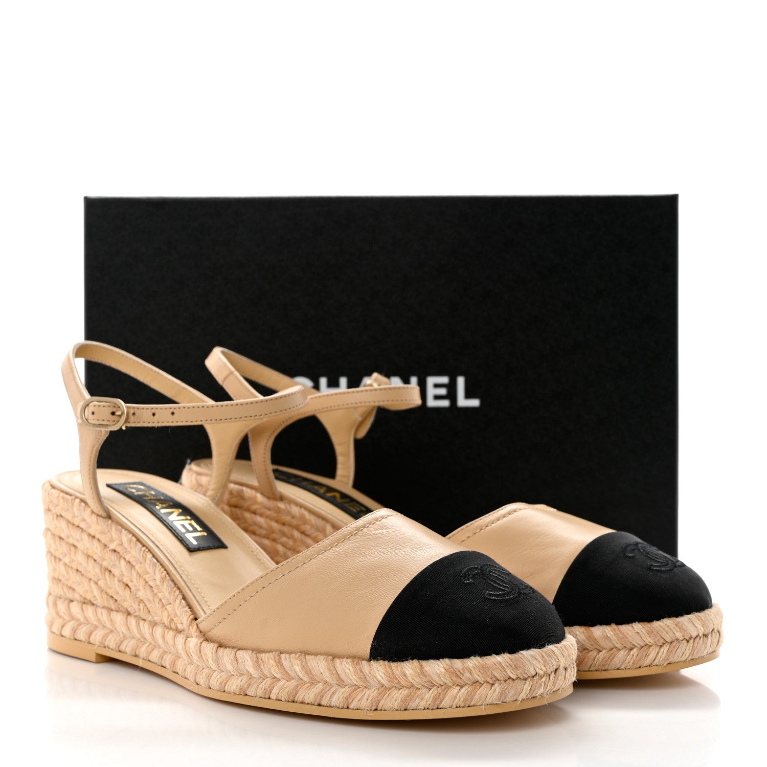 Chanel Lambskin Grosgrain CC Espadrilles Wedges 40 Beige Black 9 of 9