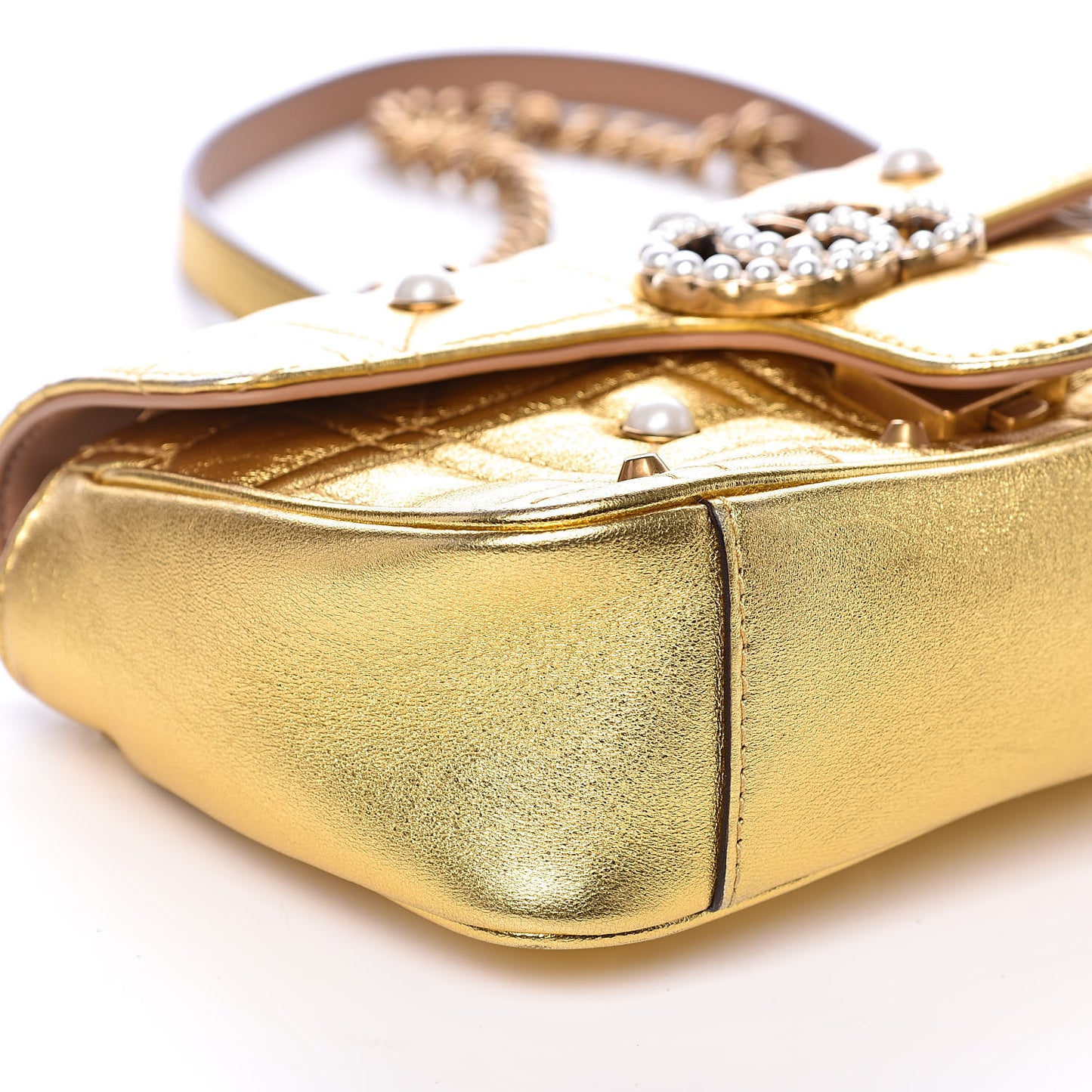 Metallic Calfskin Matelasse Studded Mini Pearly GG Marmont Shoulder Bag Gold