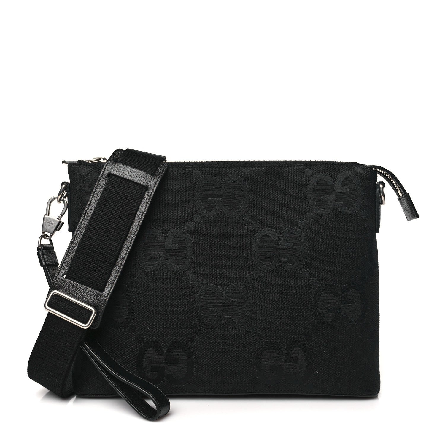 Gucci Monogram Jumbo GG Textured Dollar Calfskin Wristlet Messenger Bag Black 1 of 10