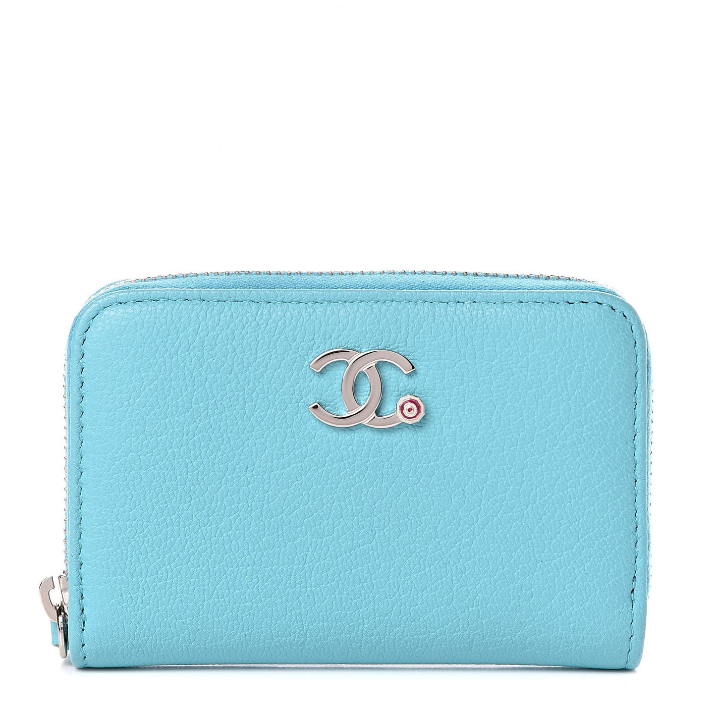 Goatskin Camellia Zip Coin Purse Blue