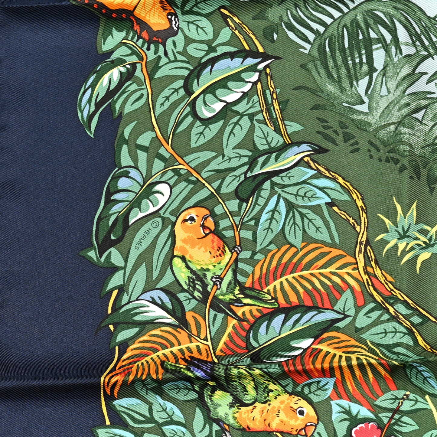 Silk Jungle Love Scarf 90 Marine Vert Orange