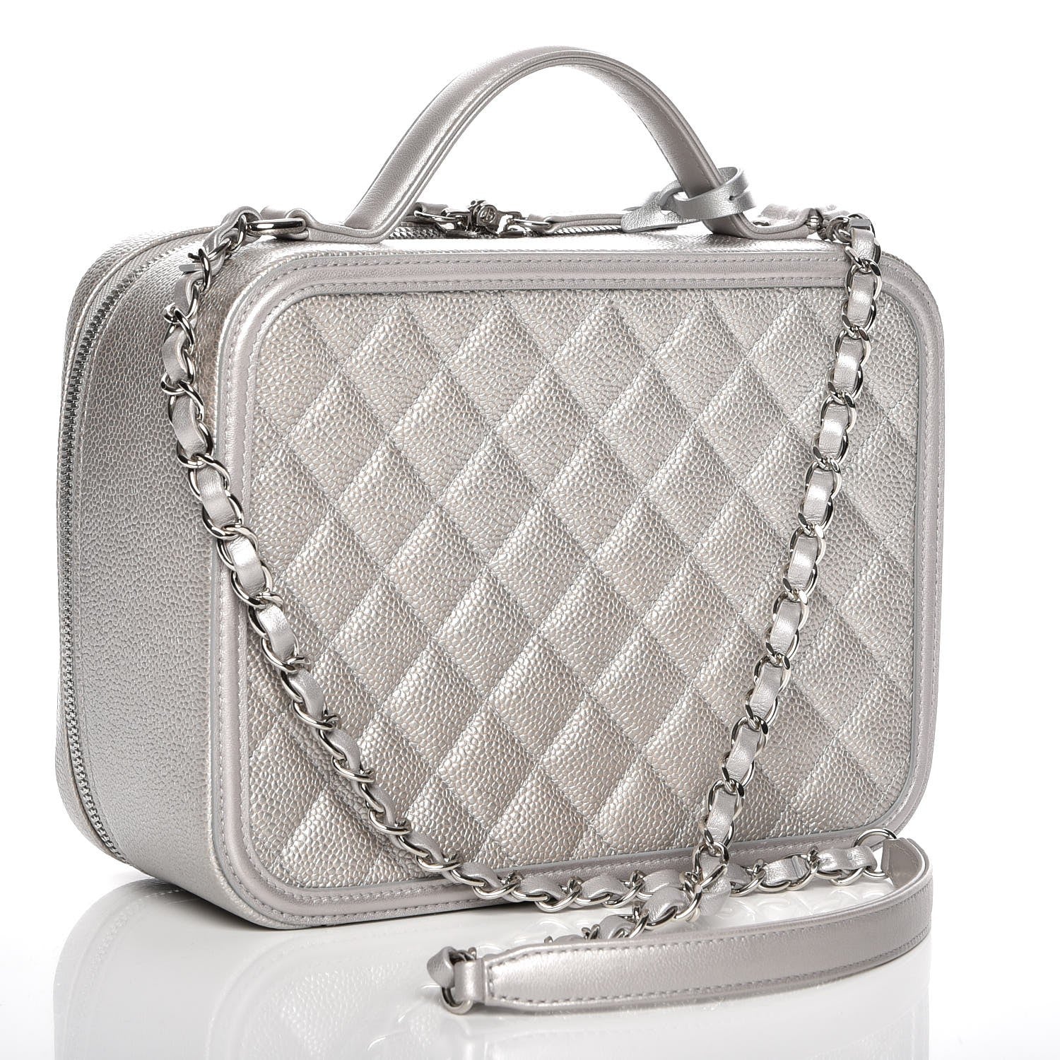 Chanel Metallic Caviar Quilted Large CC Filigree Vanity Case Silver 3 of 7