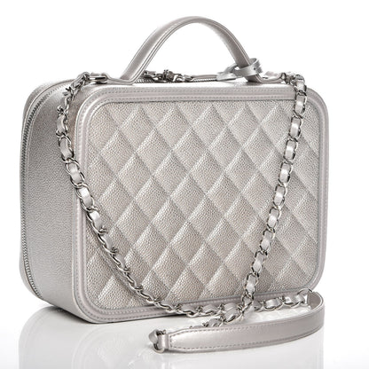 Chanel Metallic Caviar Quilted Large CC Filigree Vanity Case Silver 3 of 7