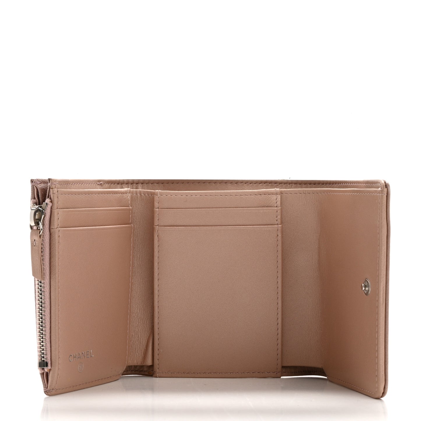 Goatskin Camellia Embossed Compact Wallet Pink