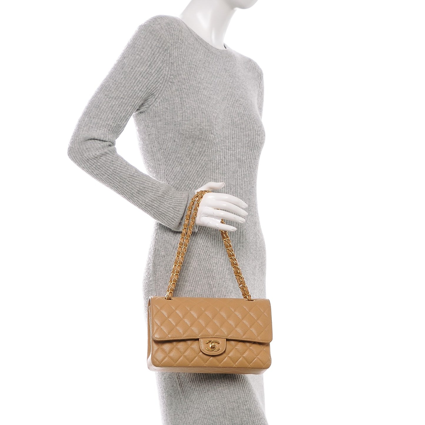 Caviar Quilted Medium Double Flap Beige