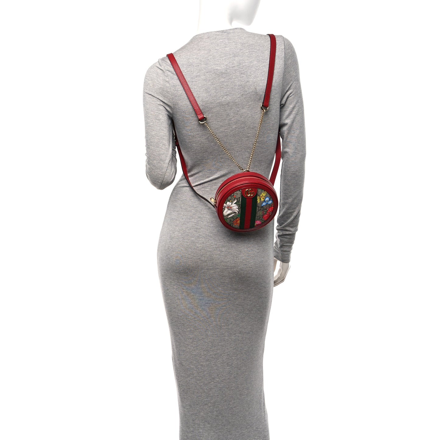 GG Supreme Monogram Web Flora Mini Ophidia Round Backpack Red