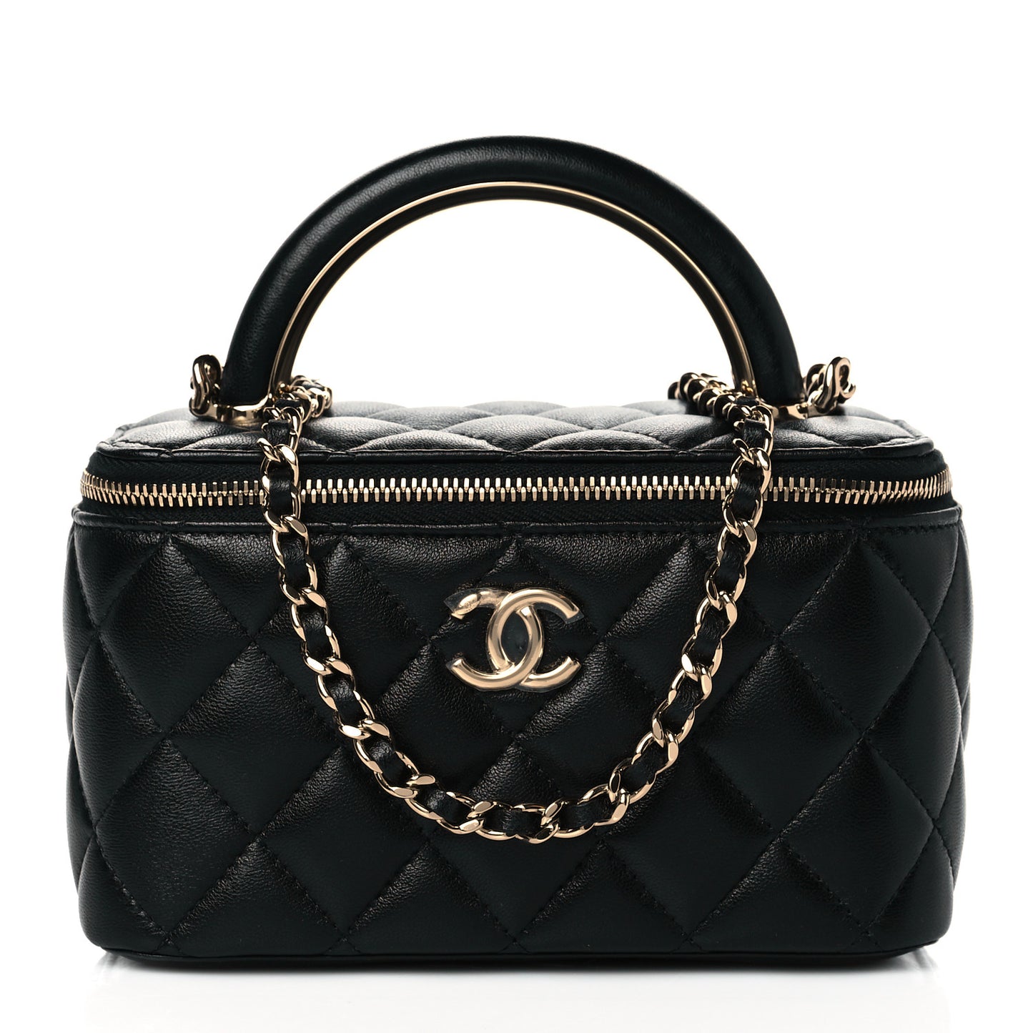 Lambskin Quilted Small Top Handle Vanity Case With Chain Black