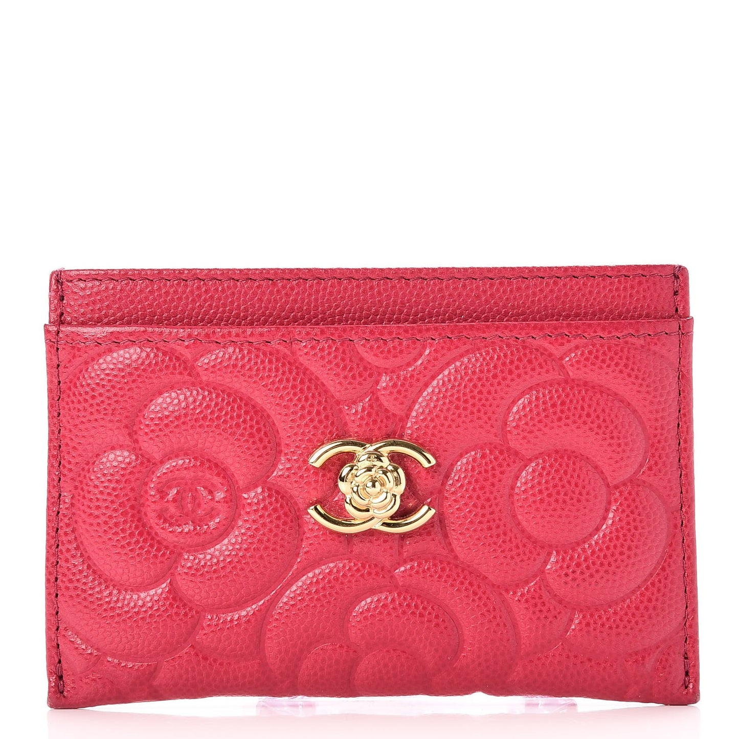 Caviar Camellia Embossed Card Holder Fuchsia
