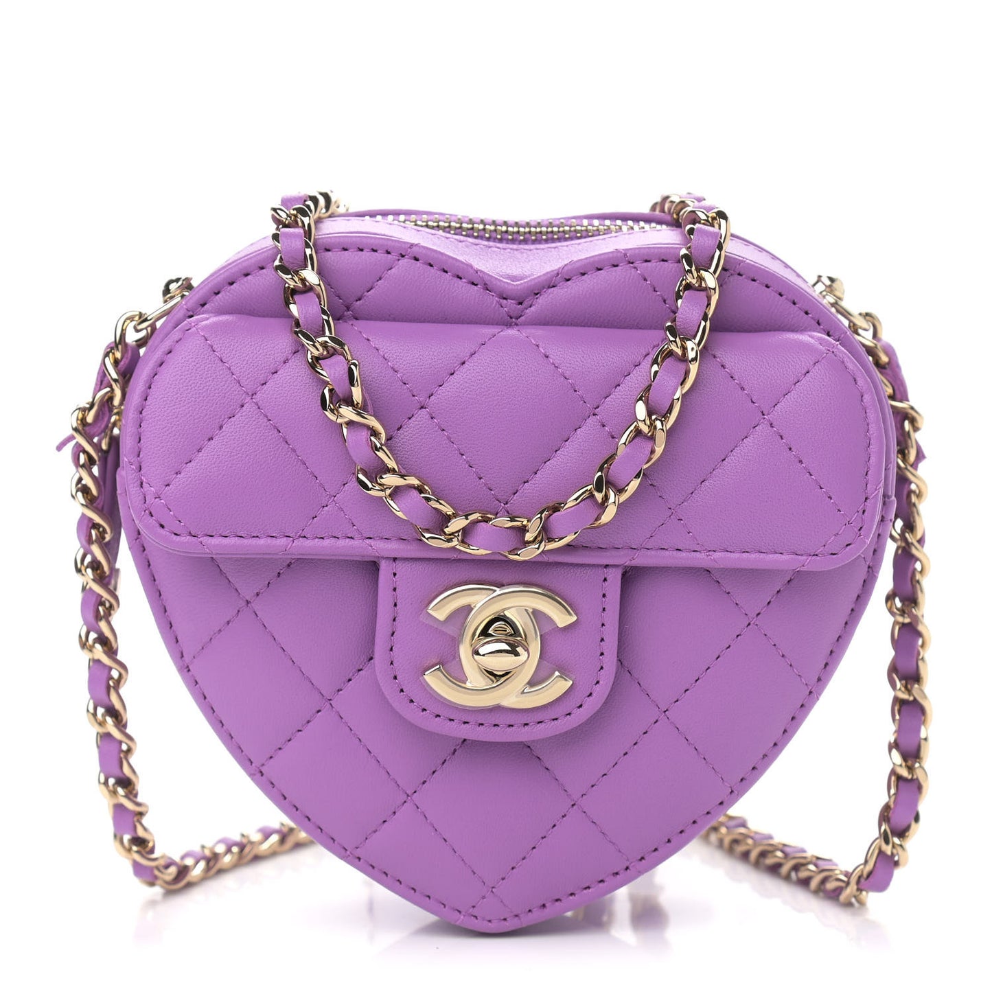 Lambskin Quilted CC In Love Heart Clutch With Chain Purple