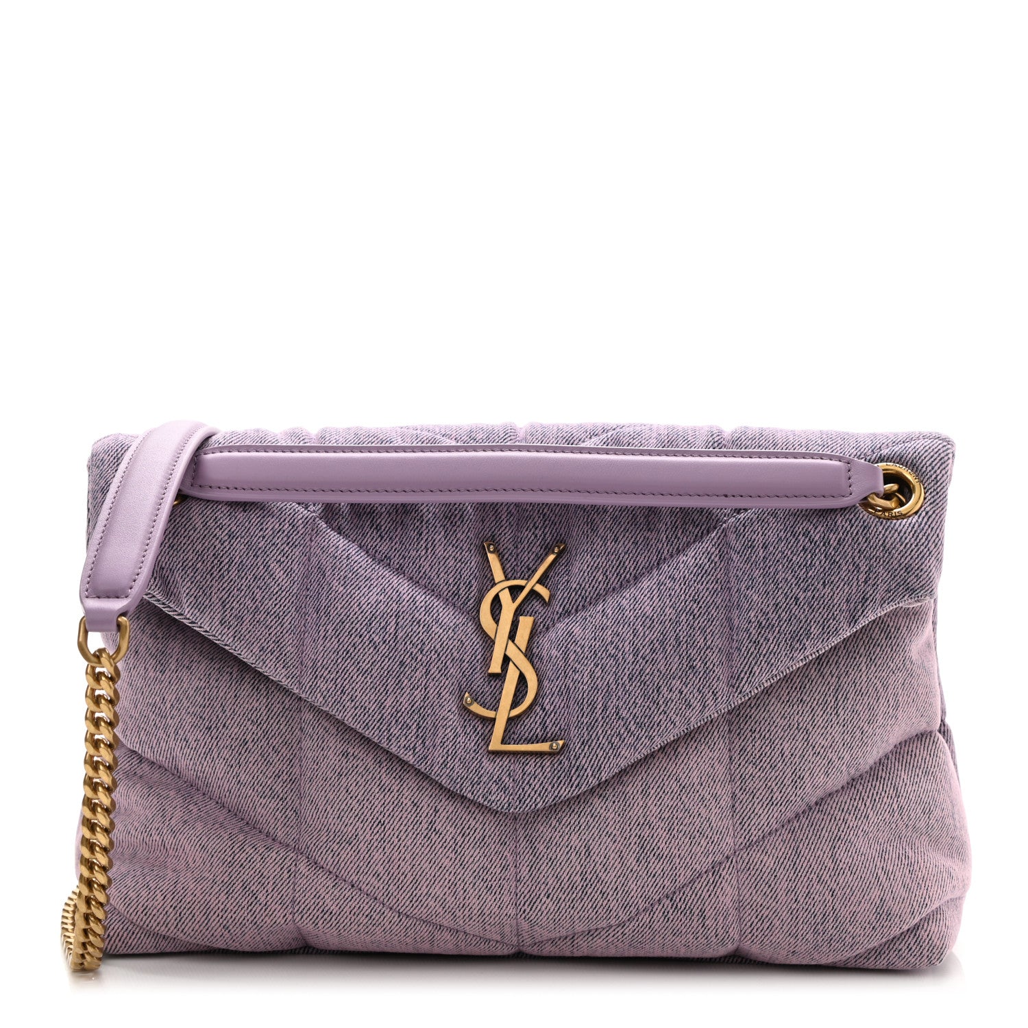 Saint Laurent Denim Quilted Small Loulou Puffer Monogram Chain Satchel Bleached Lilac 1 of 10