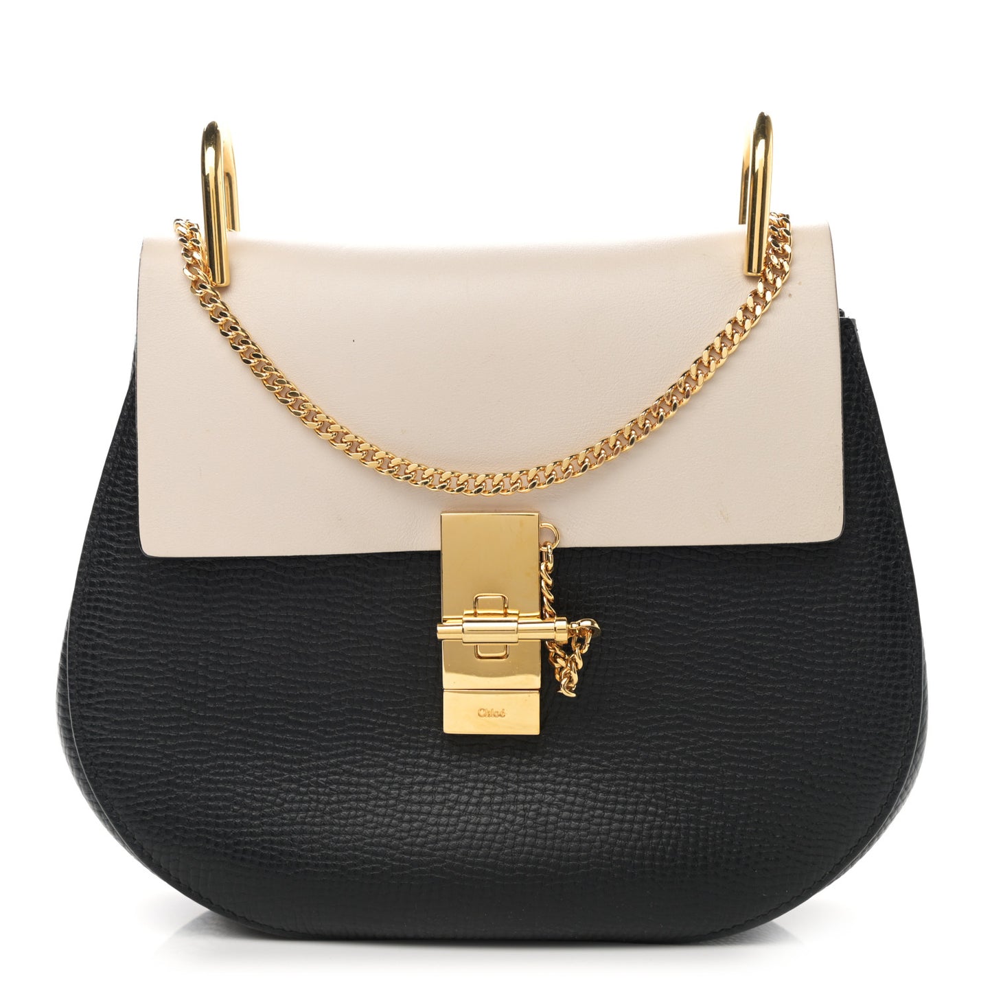 Grained Calfskin Lambskin Bi-Color Drew Shoulder Bag Black Powder Beige