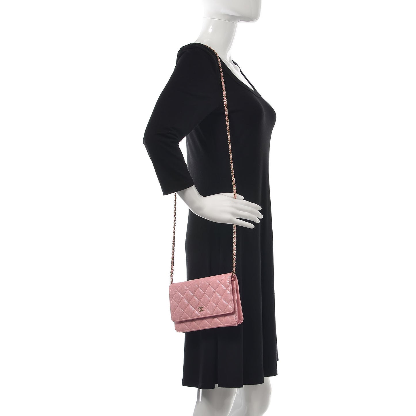 Iridescent Caviar Quilted Wallet on Chain WOC Rose Pink