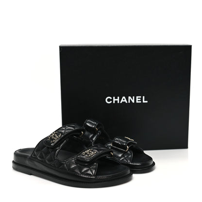 Chanel Lambskin Quilted Velcro Dad Chain CC Slide Sandals 37 Black 10 of 10