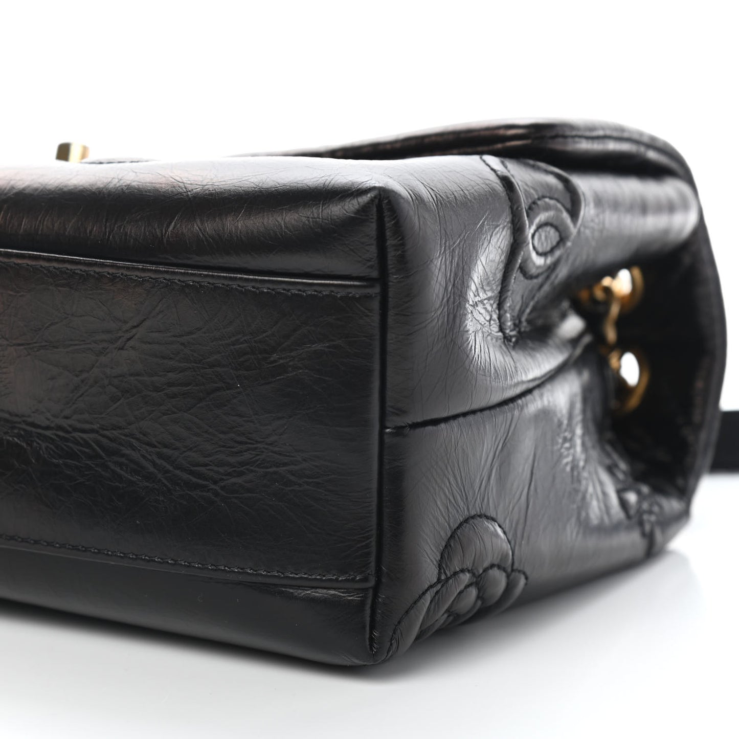 Aged Calfskin Embossed Camellia Flap Black