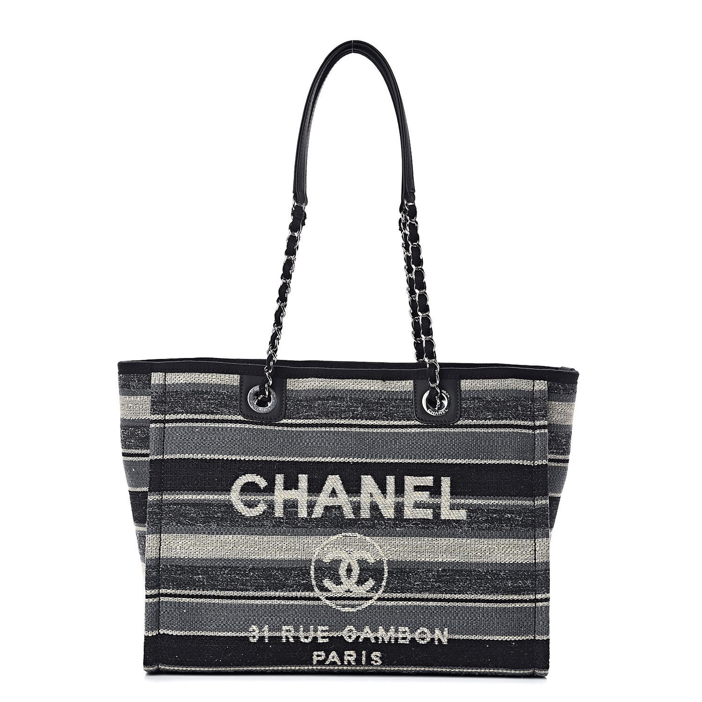 Striped Canvas Small Deauville Tote Dark Grey