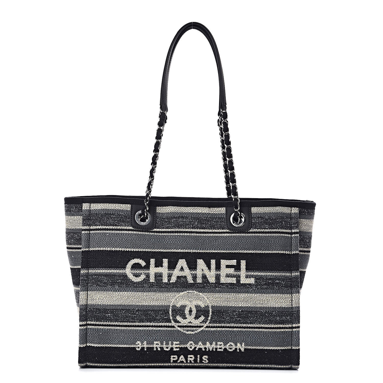 Chanel Striped Canvas Small Deauville Tote Dark Grey 1 of 10