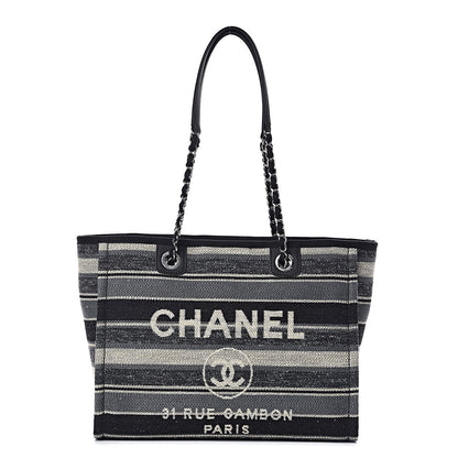 Chanel Striped Canvas Small Deauville Tote Dark Grey 1 of 10