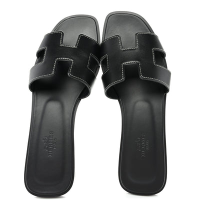 Hermes Box Calfskin Oran Sandals 37 Black 2 of 9