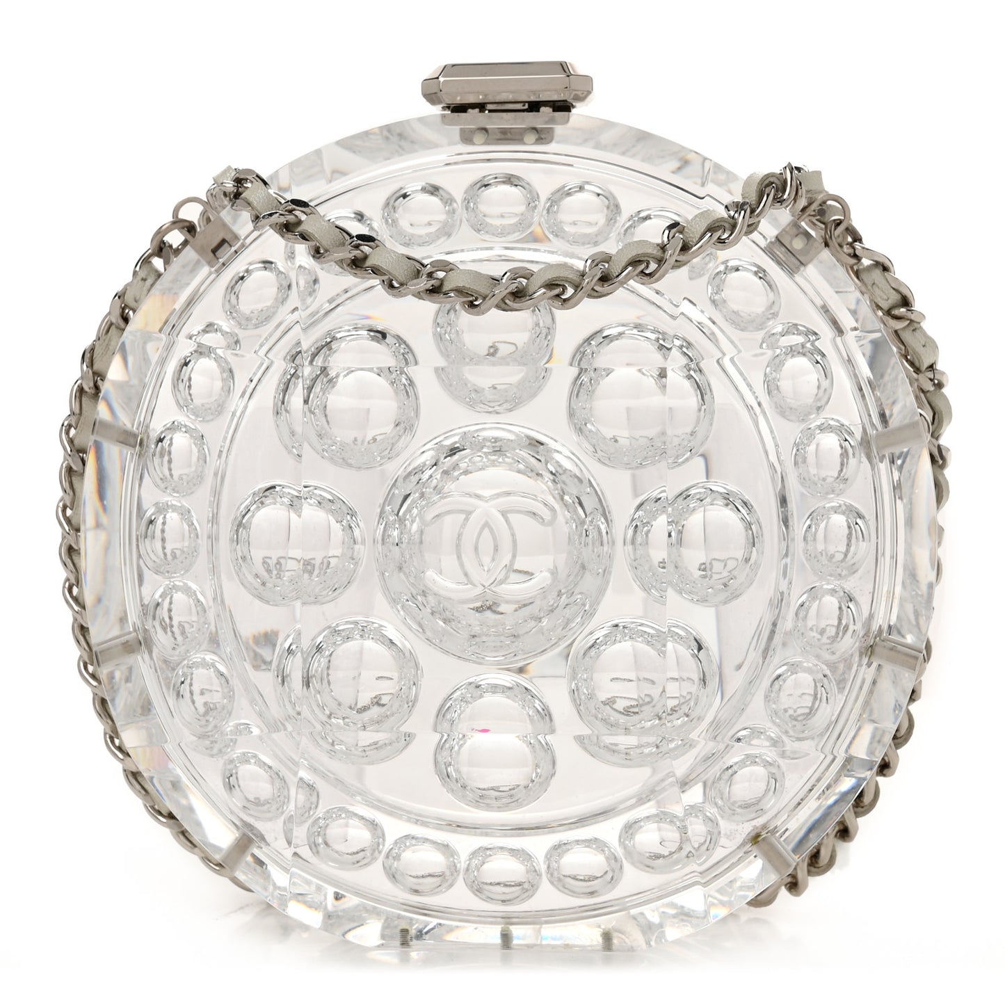 Transparent Lucite Round CC Minaudiere Clutch White