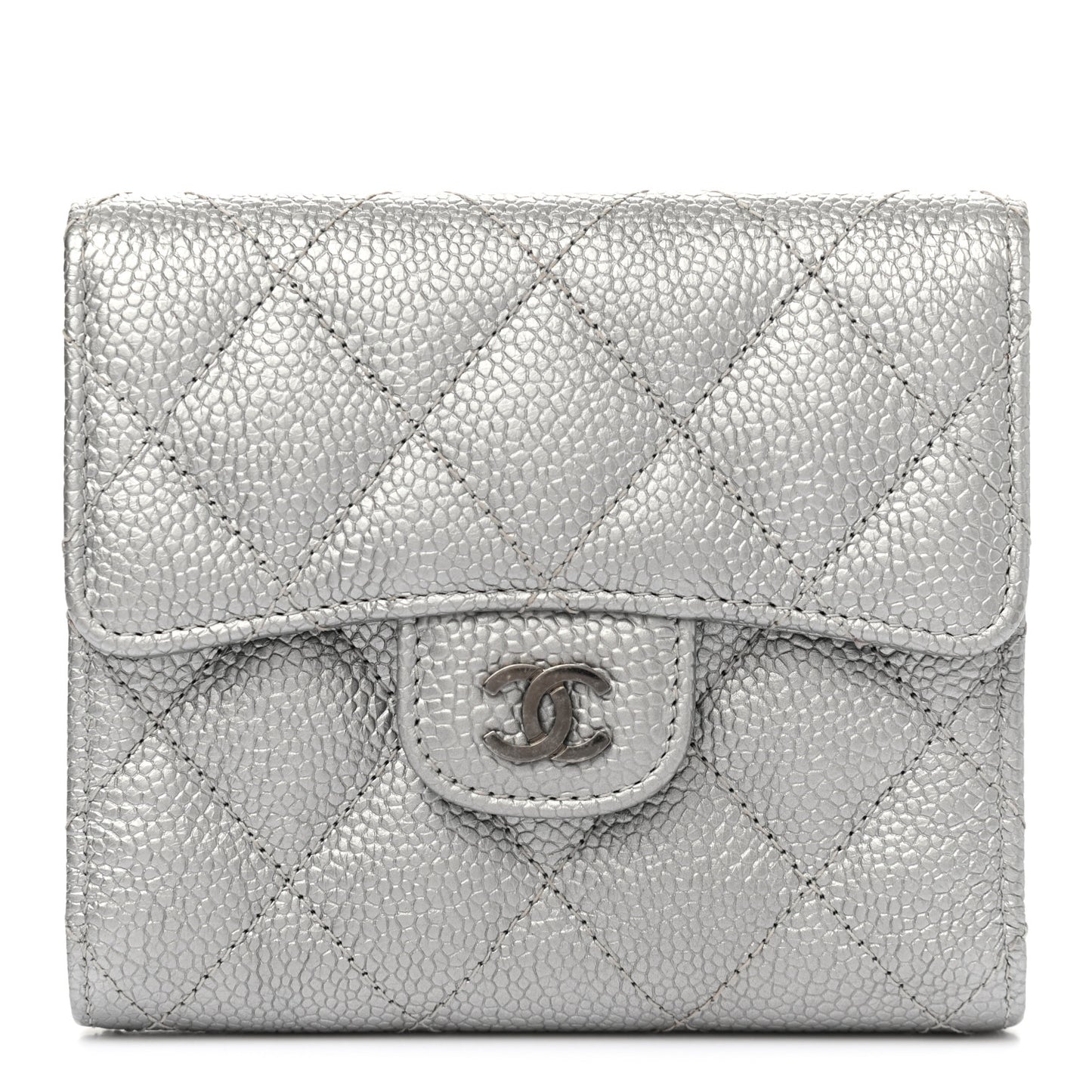 Metallic Caviar Quilted Compact Flap Wallet Silver