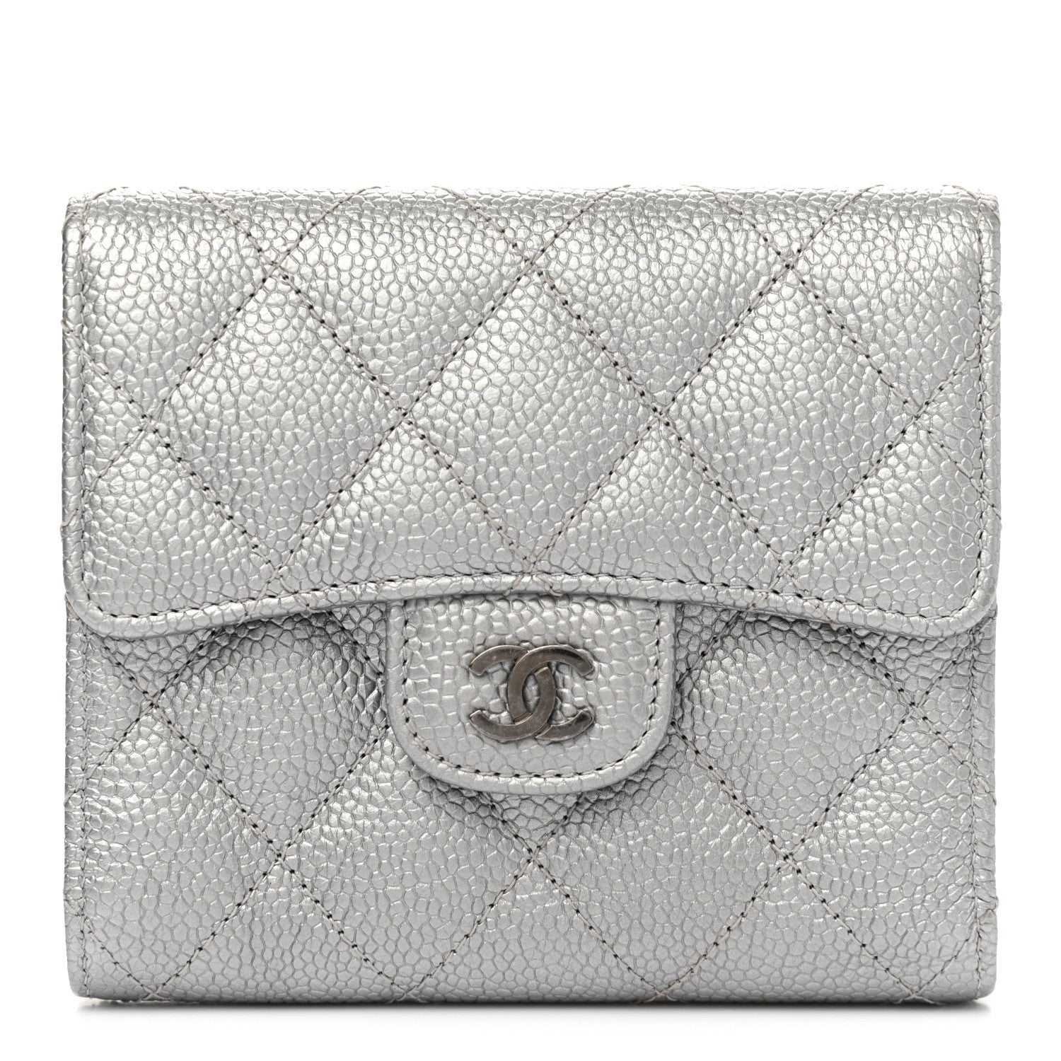 Chanel Metallic Caviar Quilted Compact Flap Wallet Silver 1 of 8