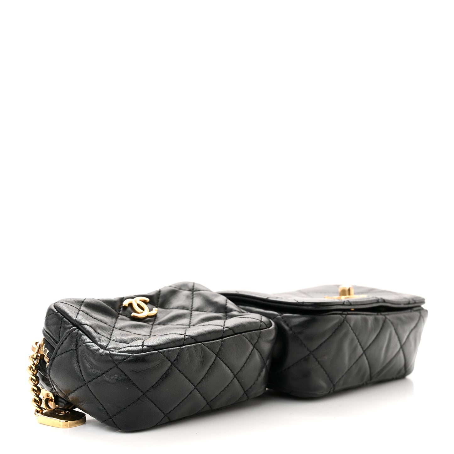 Lambskin Quilted Enamel CC Waist Bag With Pouch Black