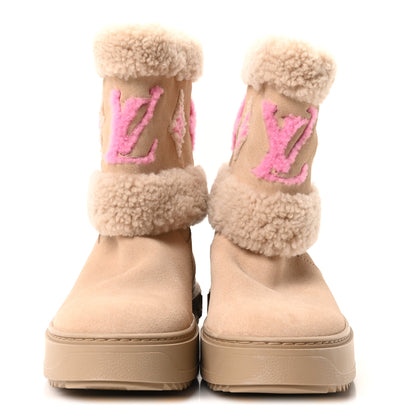 Louis Vuitton Suede Calfskin Shearling Snowdrop Flat Ankle Boot 37 Beige 3 of 10