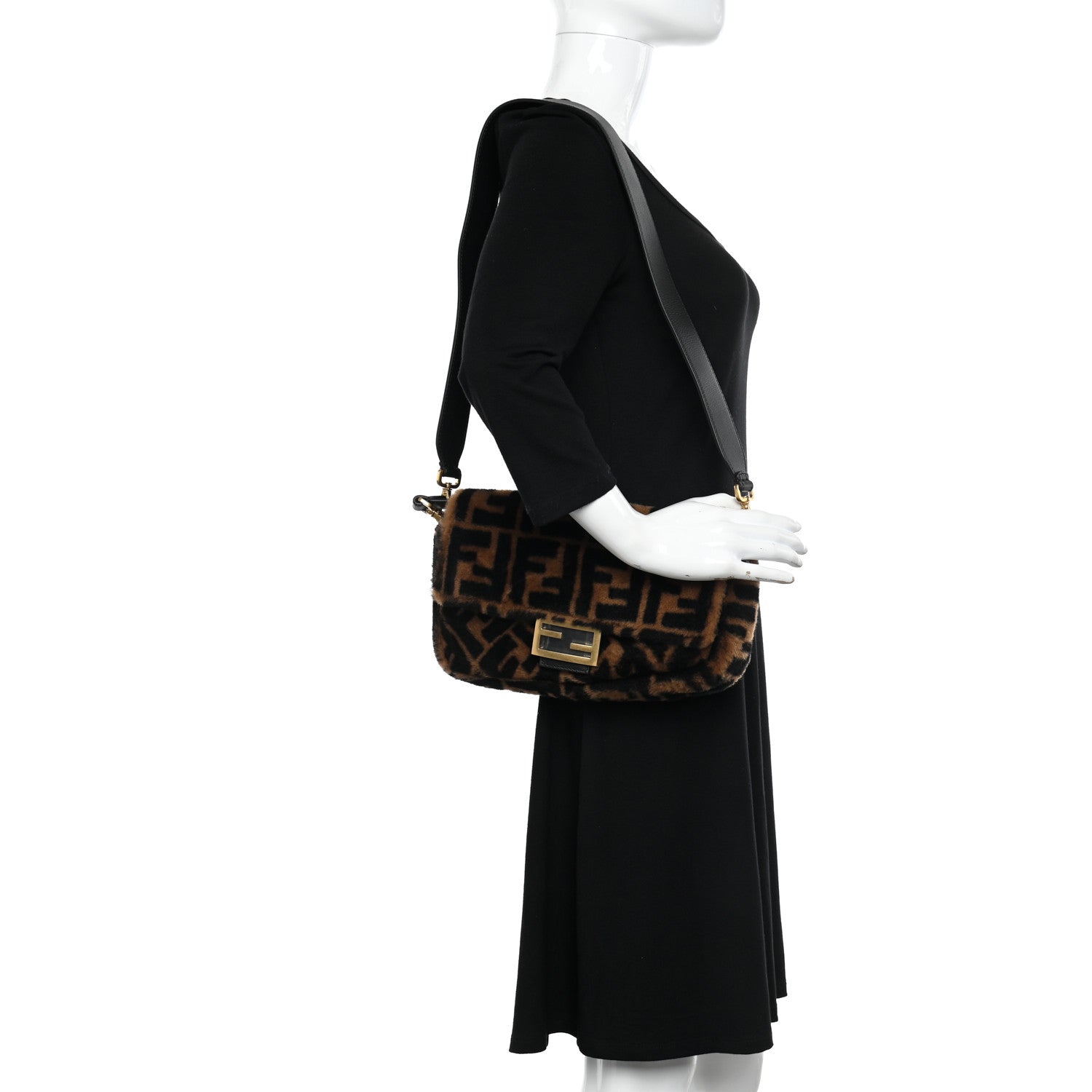 Fendi Shearling Vitello Dolce Macro FF 1974 Baguette Tobacco Black 2 of 11