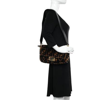 Fendi Shearling Vitello Dolce Macro FF 1974 Baguette Tobacco Black 2 of 11