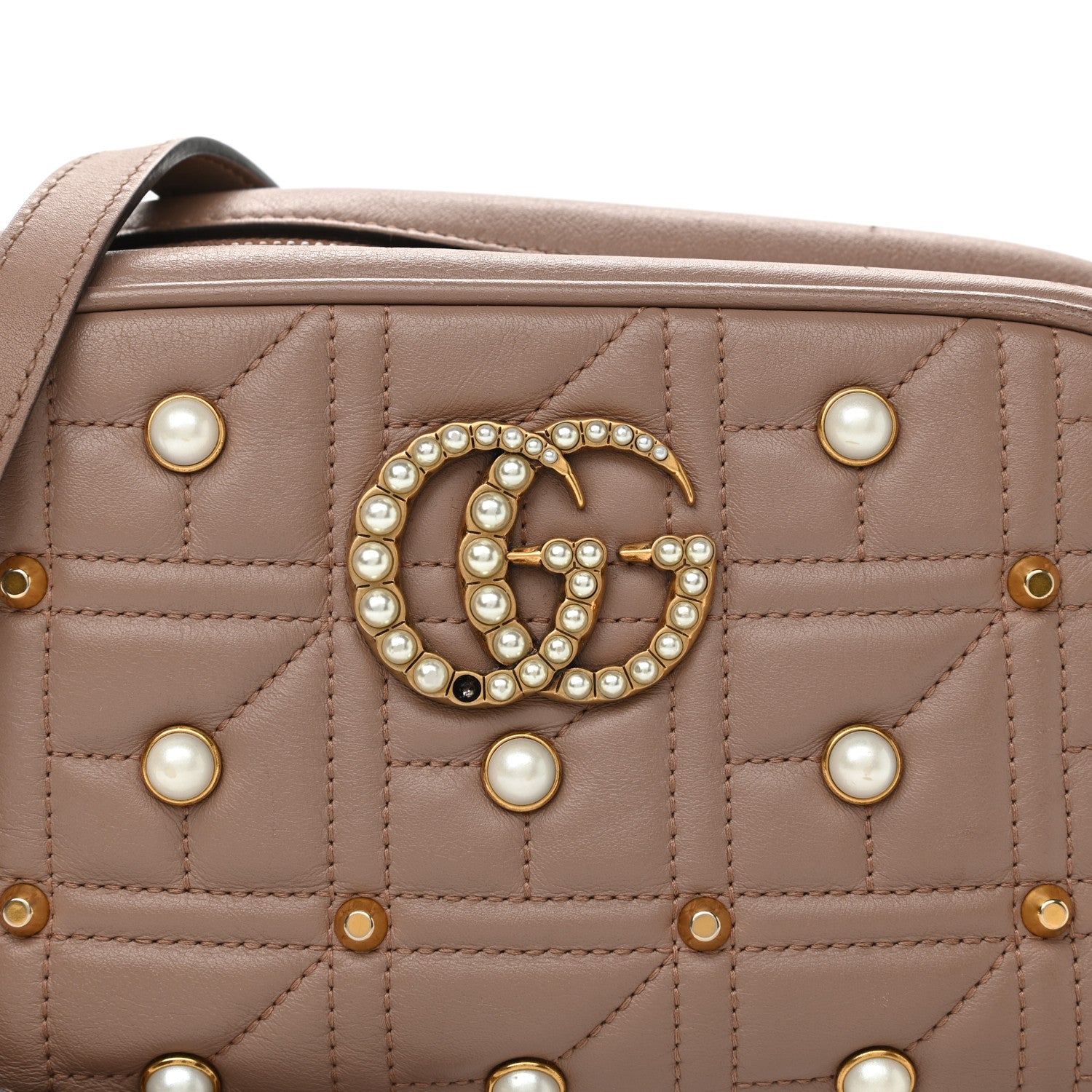 Gucci Calfskin Matelasse Studded Small Pearly GG Marmont Chain Shoulder Bag Porcelain Rose 8 of 10