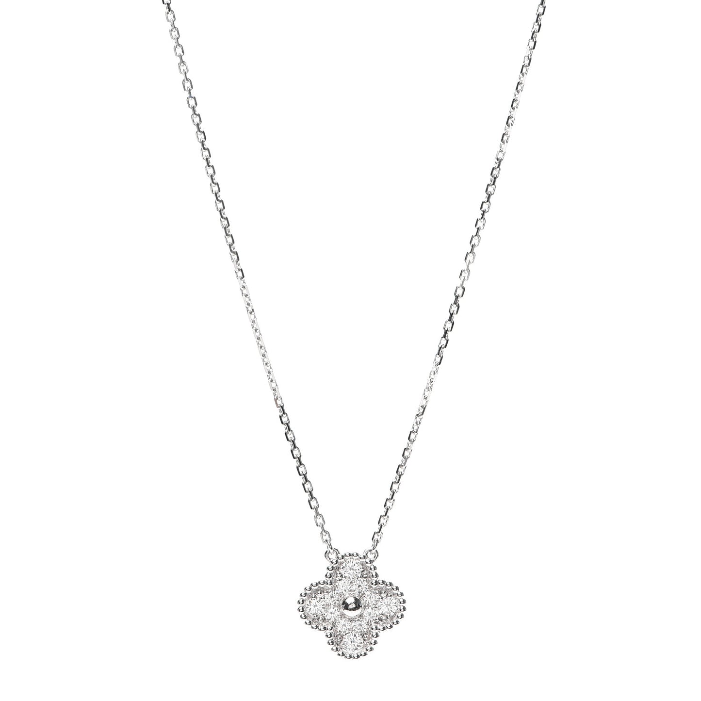 18K White Gold Diamond Vintage Alhambra Pendant Necklace