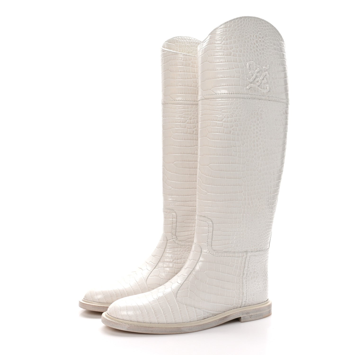 Fendi Calfskin Crocodile Embossed Karligraphy Logo Riding Boots 38 White 3 of 7