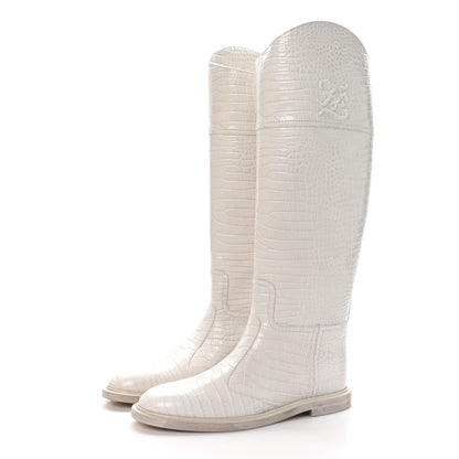 Fendi Calfskin Crocodile Embossed Karligraphy Logo Riding Boots 38 White 3 of 7