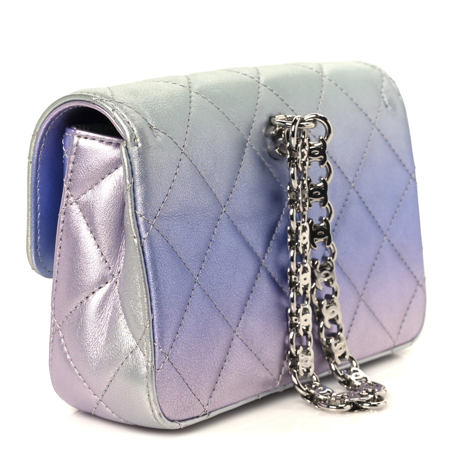 Gradient Metallic Calfskin Quilted Clutch Silver Blue Yellow Purple
